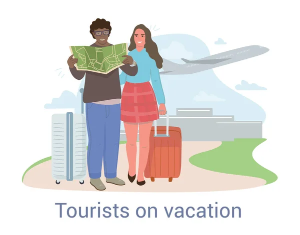 Turisták nyaralás koncepció többnemzetiségű pár — Stock Vector