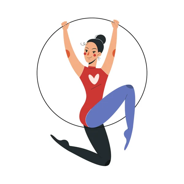 Leende kvinnlig akrobat i färgglada kostym arbetar i cirkus — Stock vektor