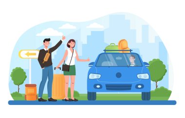 Genç erkek ve kadın karakterler bavullarıyla otostop çekiyorlar.