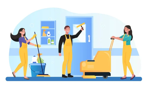 Το προσωπικό καθαρισμού ανδρών και γυναικών εργάζεται στο κτίριο γραφείων — Διανυσματικό Αρχείο