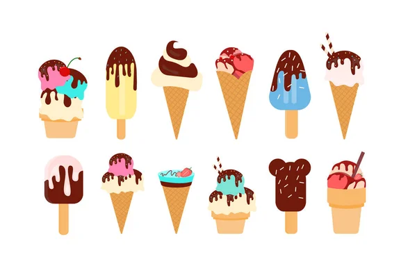 一套白色背景、色泽各异的冰淇淋 — 图库矢量图片