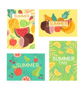 Meyve ve meyveli şirin renkli kartpostallar.