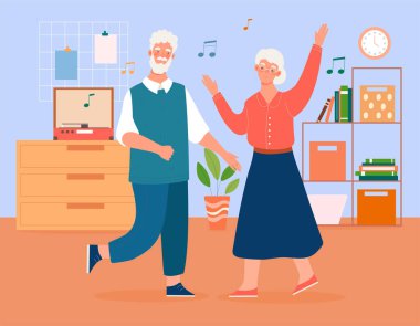 Yaşlı çift evde müzik eşliğinde dans ediyor.
