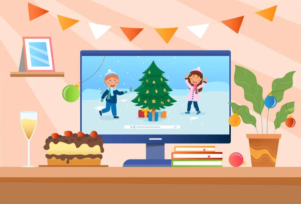 Niedliche kleine Kinder nehmen fröhliches Weihnachtsvideo für ihre Großeltern auf — Stockvektor