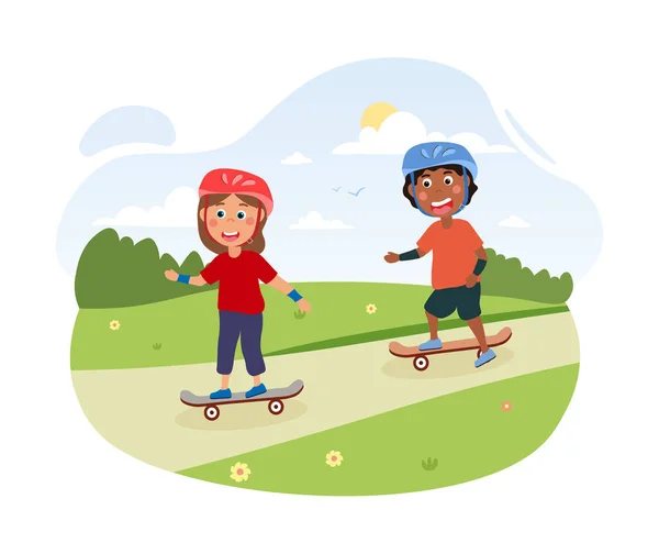 Два счастливых милых маленьких ребенка катаются на скейтборде вместе в парке — стоковый вектор