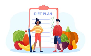 Erkek ve kadın karakterler birlikte diyet planı yapıyorlar.