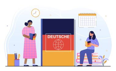 İki genç kadın karakter birlikte Almanca öğreniyorlar.