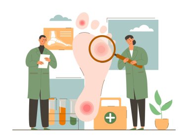 Erkek ve kadın podiatri doktorları hastanın ayağını büyüteçle inceliyorlar.