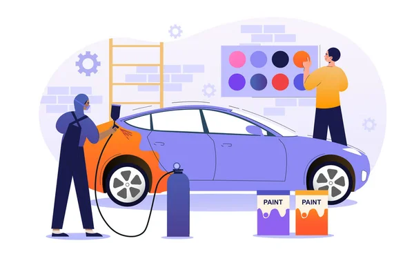 Hombre personaje está trabajando en el servicio de pintura de coches — Vector de stock