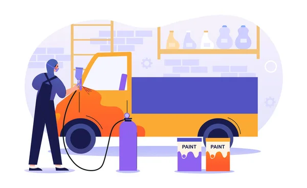 Hombre personaje está trabajando en el servicio de pintura de coches — Vector de stock