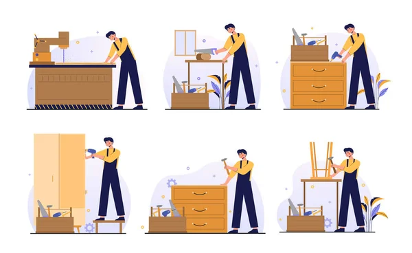 Set guía de montaje de muebles con trabajador sobre fondo blanco — Vector de stock