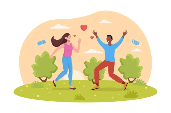 Junges verliebtes Paar läuft gemeinsam in Park — Stockvektor