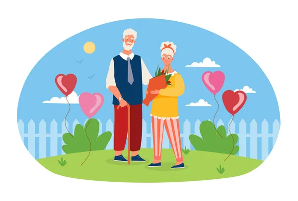 Elderly couple is standing with flowers with blue sky on the background — Stock Vector