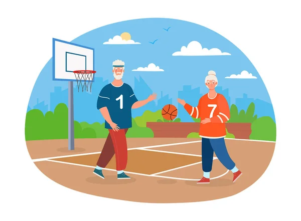 Elderly grey couple is playing basketball together — Stock Vector