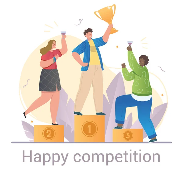 Konsep Happy Competition dengan pemenang di podium - Stok Vektor