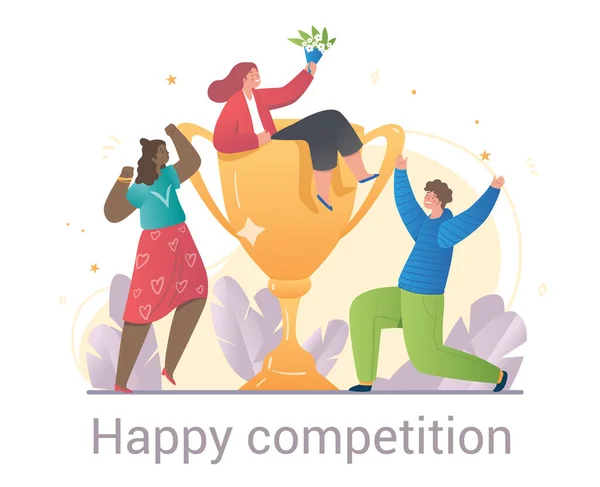 Happy Competition konsep dengan tiga pemenang merayakan - Stok Vektor