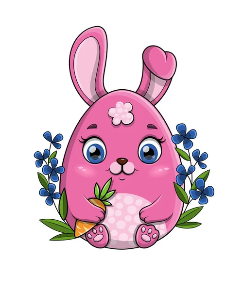 Pequeno coelho de desenho animado rosa segurando uma cenoura — Vetor de Stock