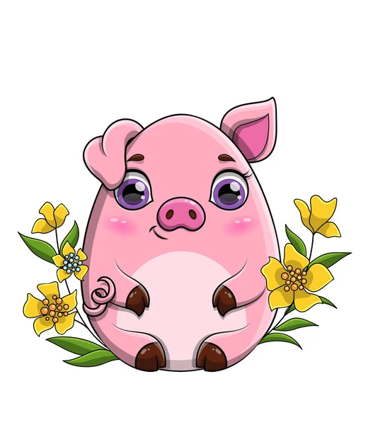 Niedliches rosafarbenes Cartoon-Schwein sitzt zwischen Frühlingsblumen — Stockvektor