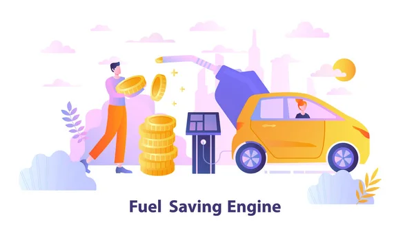 Férfi karakter használ autót üzemanyag-megtakarító motor — Stock Vector