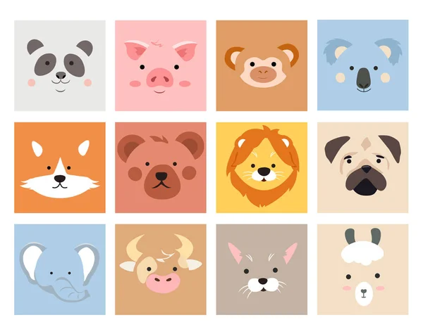 Conjunto de lindos retratos de animales simples sonrientes — Vector de stock