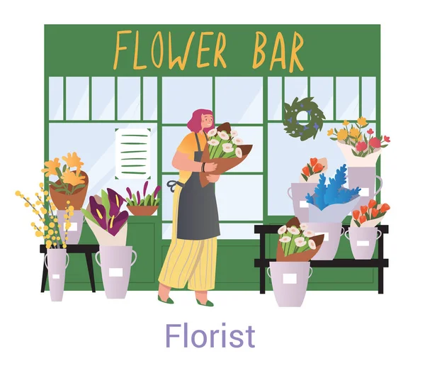 Floristería trabajando fuera de su tienda con ramos de flores cortadas — Vector de stock