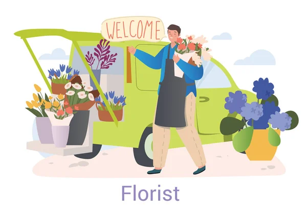 Fleuriste avec des bouquets de fleurs coupées et en pot affichés sur la voiture — Image vectorielle