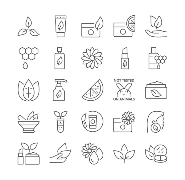 Conjunto de iconos de línea de vectores cosméticos naturales y orgánicos — Vector de stock
