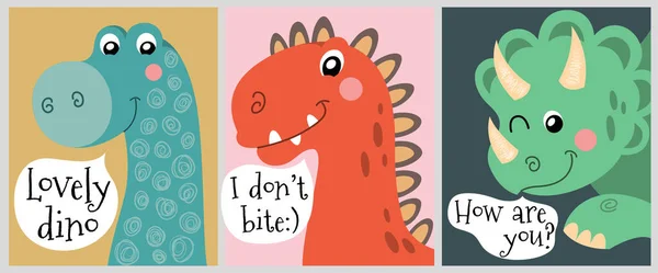 Conjunto de dibujos animados divertidos dinosaurios con burbujas de habla — Vector de stock