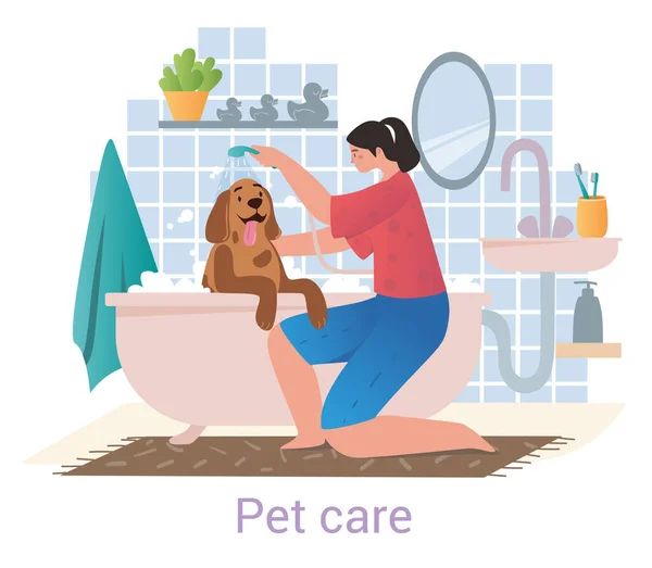 Büyük bir köpeği banyoda yıkayan kadın konsepti. — Stok Vektör