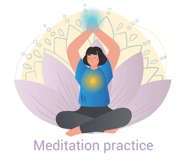 Mulher tranquilo praticando meditação ioga com auras — Vetor de Stock