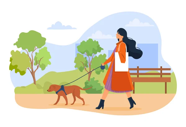 美しい女性キャラクターが街の公園で犬と一緒に歩いています — ストックベクタ