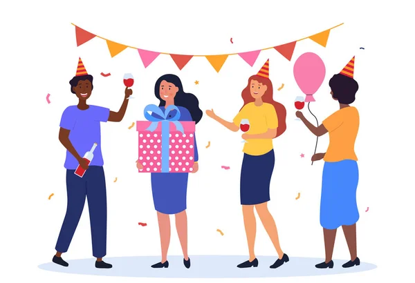 Groupe de personnages masculins et féminins heureux lèvent la main pour célébrer les vacances avec des confettis — Image vectorielle