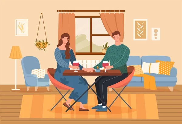 Male and female characters are enjoying romantic date at home — Stock Vector