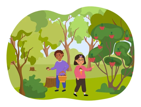 Duas crianças pequenas estão andando e coletando cogumelos e bagas na floresta — Vetor de Stock