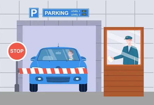Чоловік перевіряє автомобільний квиток на парковці біля входу з бар'єром — стоковий вектор