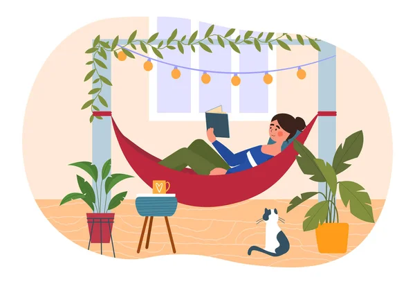 Jovem personagem feminina está relaxando na rede no terraço com um livro — Vetor de Stock