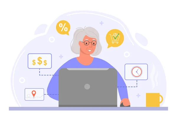 Aranyos idős nő karakter vásárol online laptop otthon — Stock Vector