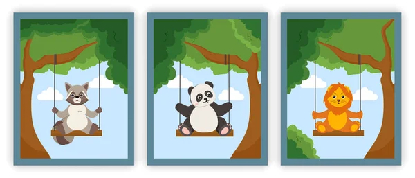 Carino poster con piccolo procione, leone e panda swing — Vettoriale Stock