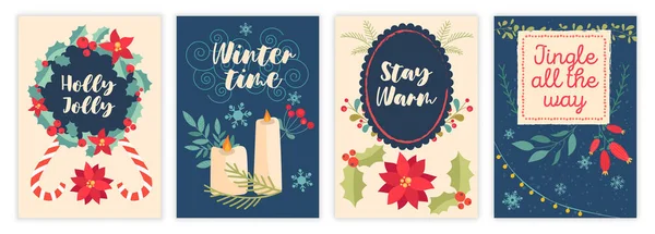 Σετ χριστουγεννιάτικες κάρτες χαιρετισμού για το νέο έτος των χειμερινών διακοπών σε πολύχρωμο φόντο — Διανυσματικό Αρχείο