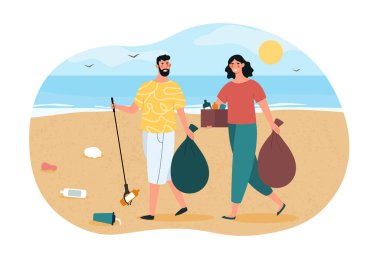Plaj konseptindeki çöpleri temizlemek