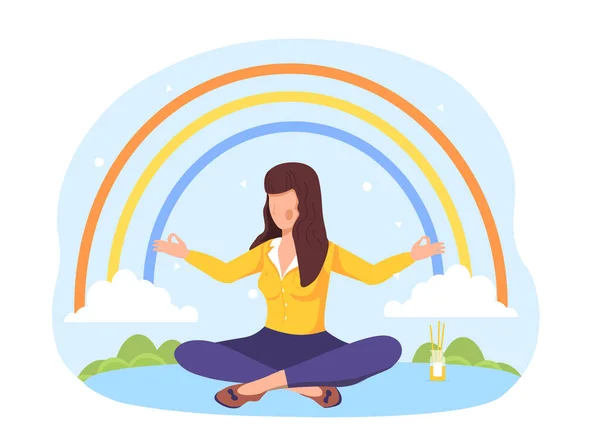 Figur sitzt in Lotus-Pose, Arme offen zum Regenbogen — Stockvektor