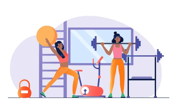 Mujeres en gimnasio club haciendo press de banca — Vector de stock