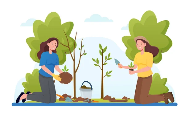 Återbeskogning. Människor planterar träd — Stock vektor