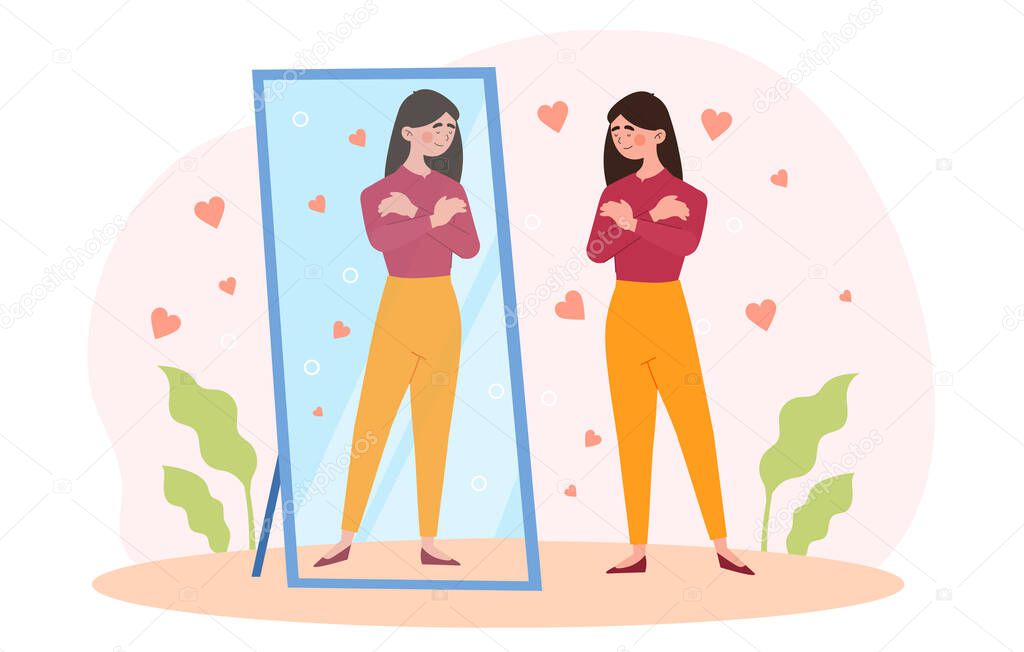 Happy woman stand before mirror and hug herself
