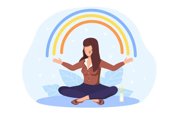 Character sit in lotus pose, open arms to rainbow — Stock Vector