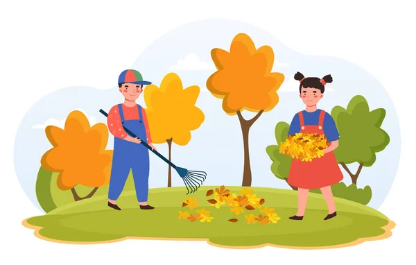 Дети выполняют работу по дому, сгребают опавшие листья — стоковый вектор
