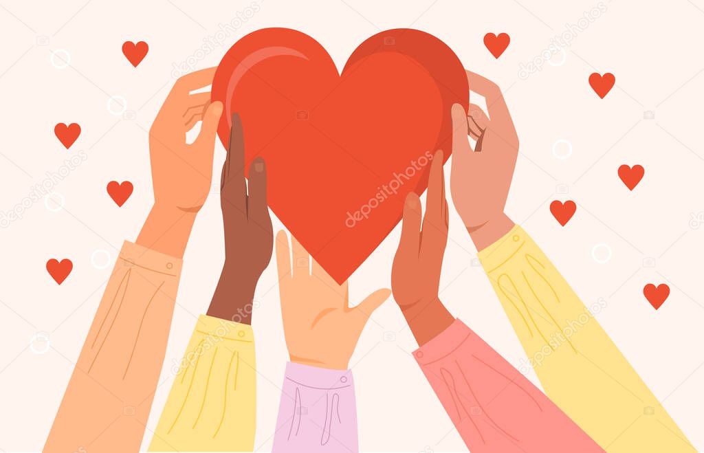 Diverse hands holding heart symbol, sharing love,