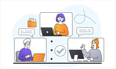 Erkek ve kadın karakterler çalışıyor ve çalışanlarla çevrimiçi olarak tanışıyorlar.