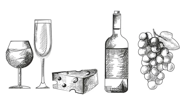 Hand drawn monochrome wine set on white background — ストックベクタ