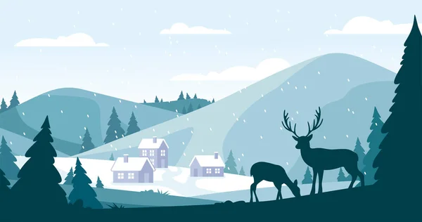 Weihnachtliche Winterlandschaft mit Schneeverwehungen, Bergdorf, Wald und Rentieren — Stockvektor